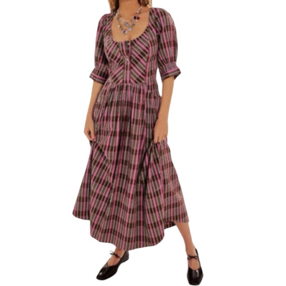 Free People Tulie Plaid Midi Milkmade Dress Brown Pink with pockets Size XS - Picture 1 of 16